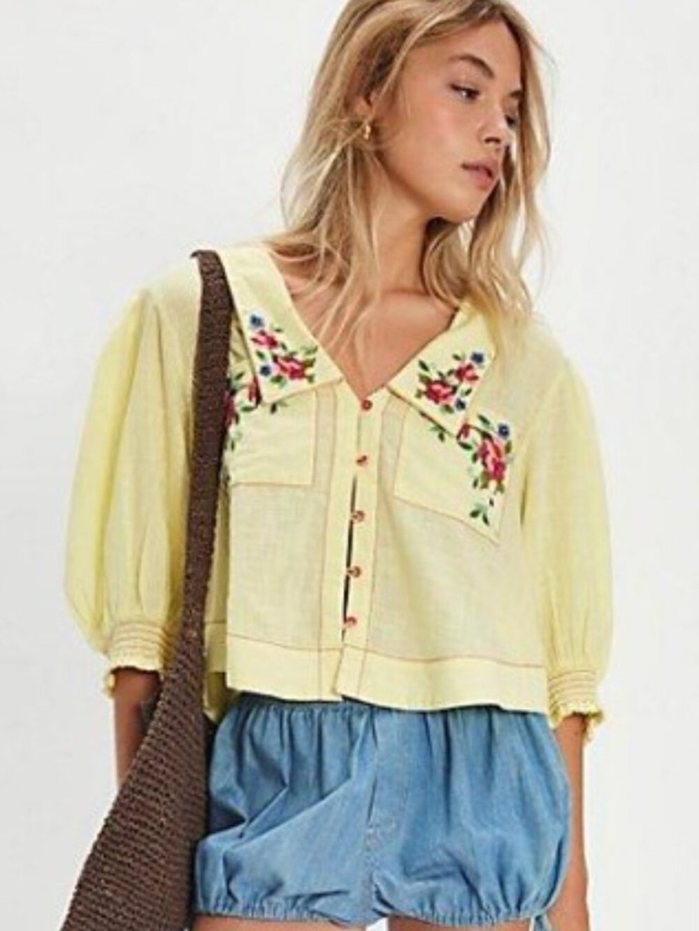 Free People Pale Yellow Embroidered Floral Puff Sleeve Blouse - Picture 2 of 5
